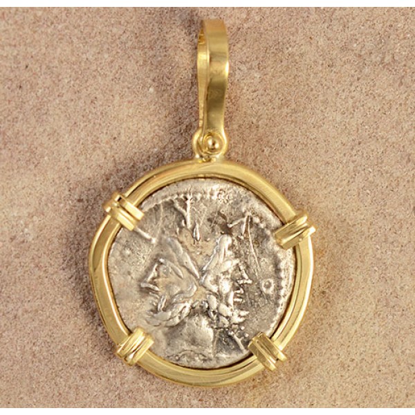 Ancient Roman Republic Silver Denarius Janus Head coin in 18kt Gold Pendant circa 120 B.C.
